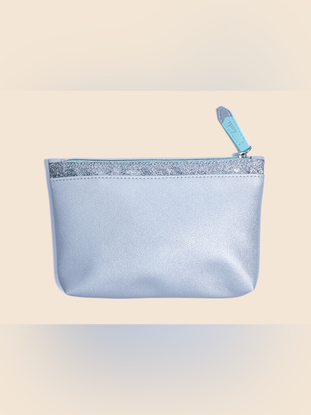 Ipsy Silver Metallic Cosmetic Bag Glitter Trim Mint Zipper Makeup Pouch Travel